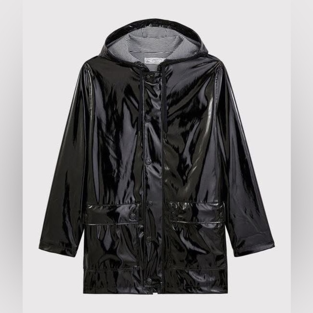 Petit Bateau Raincoat Iconic Shiny Womens Black Patent Hooded Rain Jacket